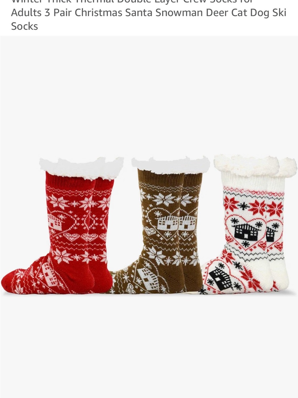 Cozy Sherpa-Lined Fair Isle Holiday Slipper Socks - Red, Brown & Cream